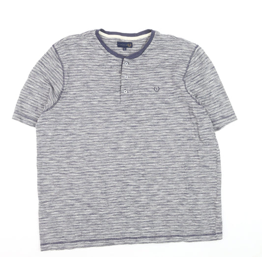 Lincoln Mens Blue Striped Henley Short Sleeve Cotton Shirt XL
