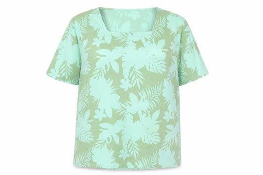 Damart Women's Green Floral Tropical Short Sleeve Cotton T-Shirt Size 18/20