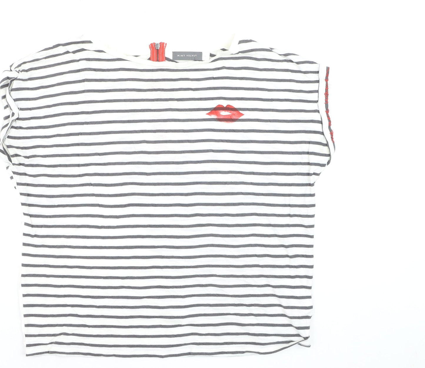 Mint Velvet Women's White Striped T-Shirt L Lips Print Zip Back
