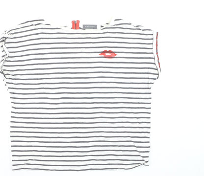 Mint Velvet Women's White Striped T-Shirt L Lips Print Zip Back