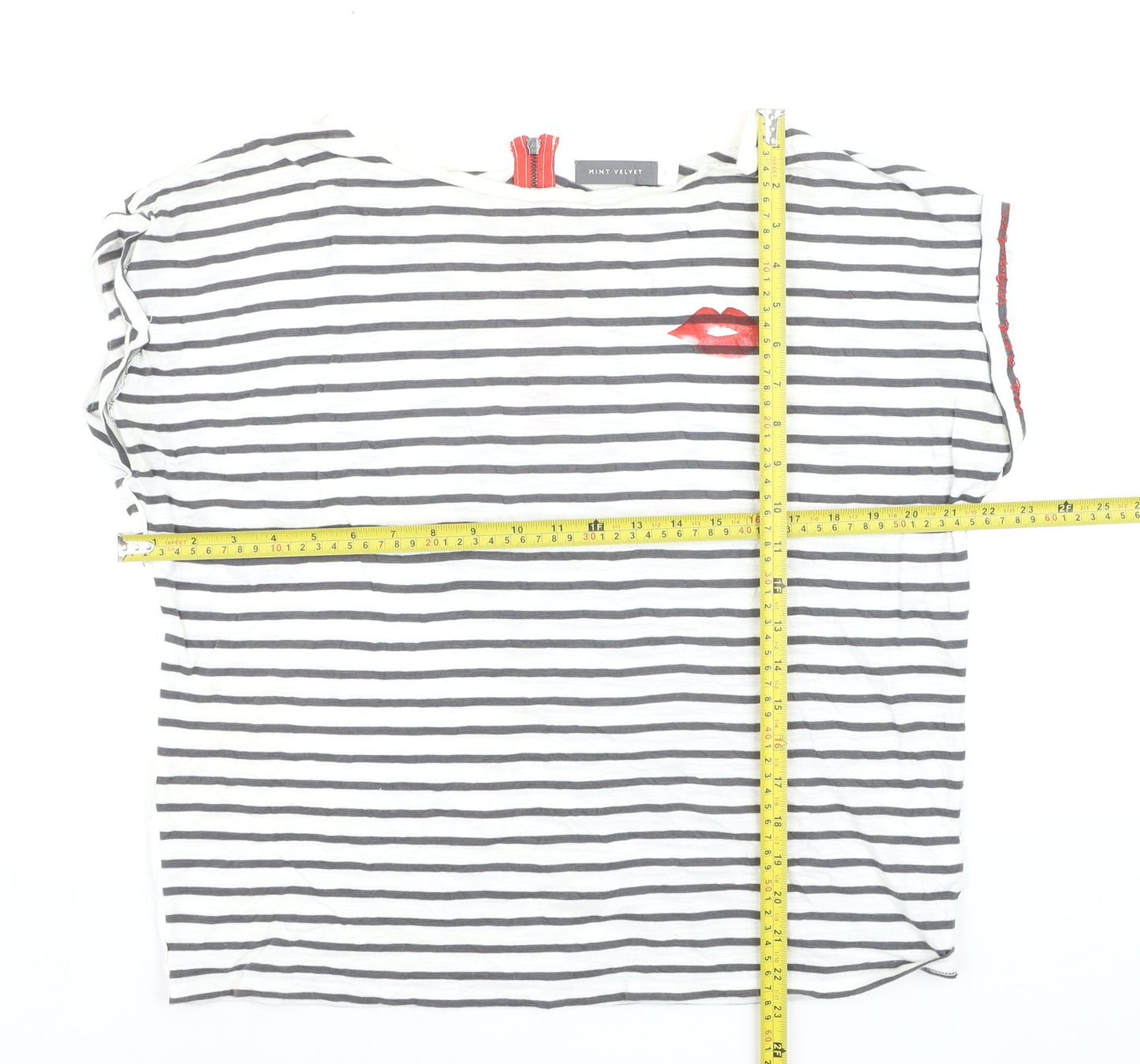Mint Velvet Women's White Striped T-Shirt L Lips Print Zip Back