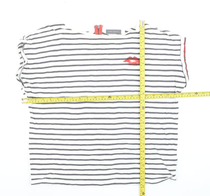 Mint Velvet Women's White Striped T-Shirt L Lips Print Zip Back