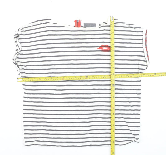 Mint Velvet Women's White Striped T-Shirt L Lips Print Zip Back