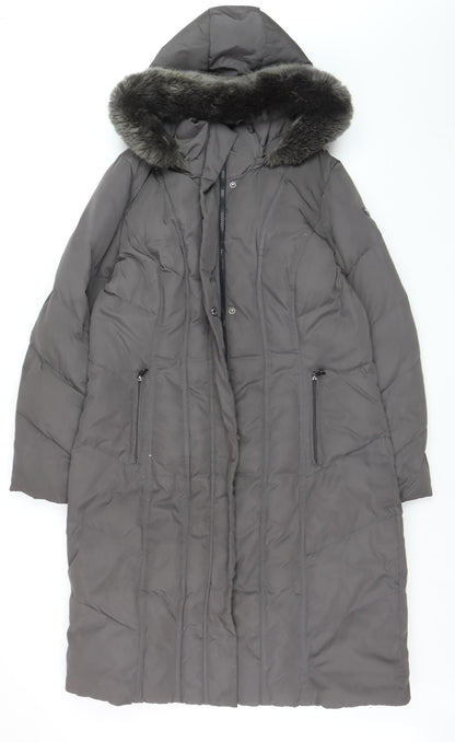 Calvin Klein Women's Grey Long Puffer Coat Faux Fur Hood Size L
