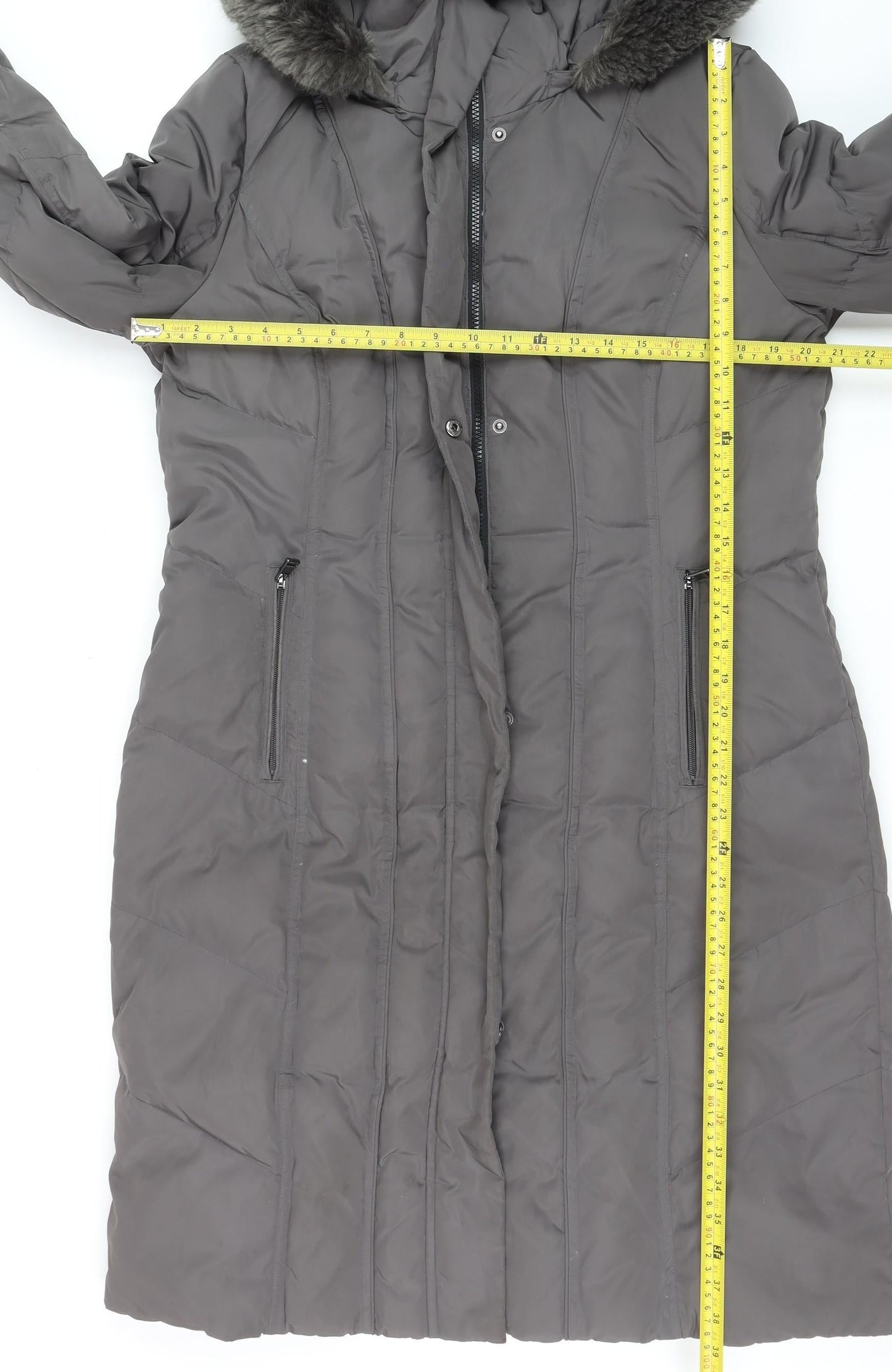Calvin Klein Women's Grey Long Puffer Coat Faux Fur Hood Size L