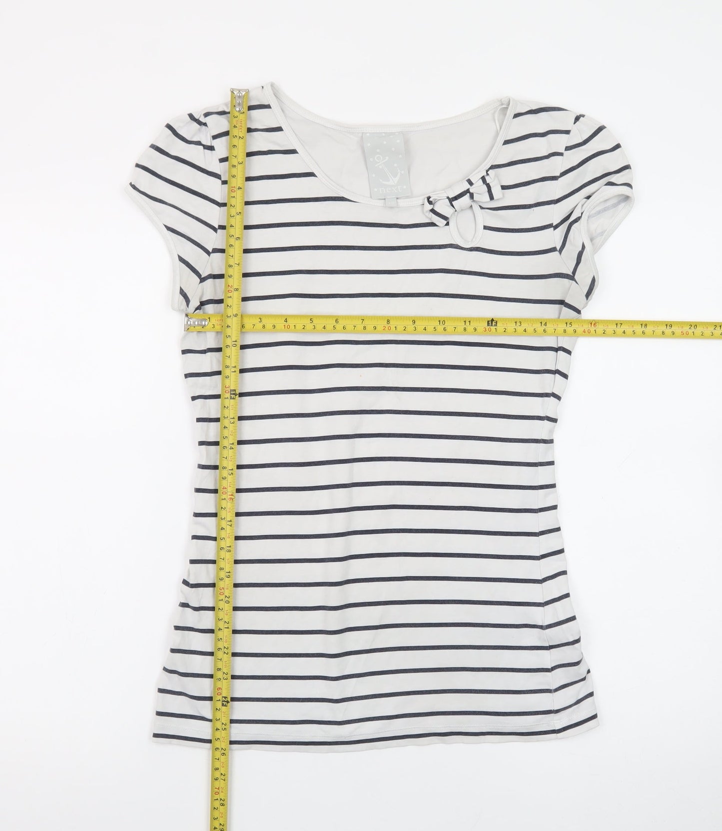 Next Women’s White Navy Stripe Bow T-Shirt UK 12 Short Sleeve