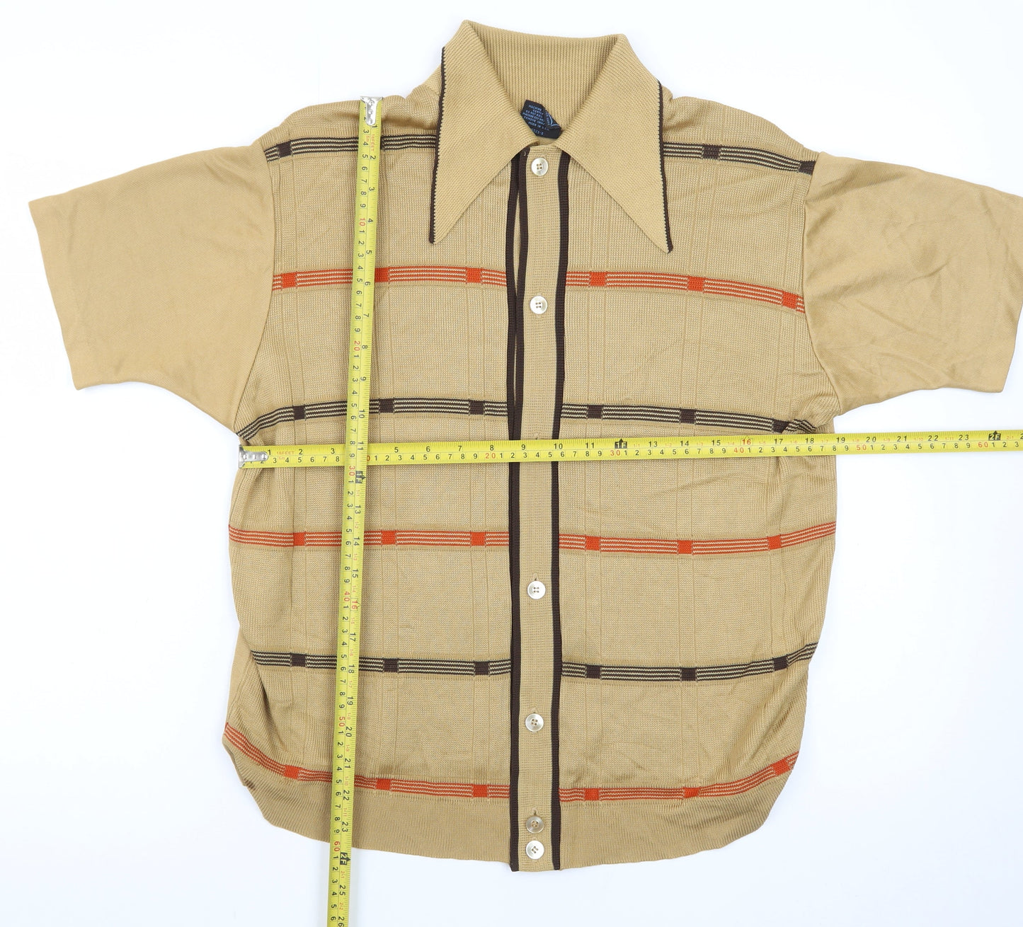 Campus Men's Beige Retro Check Collared Short Sleeve Polo M