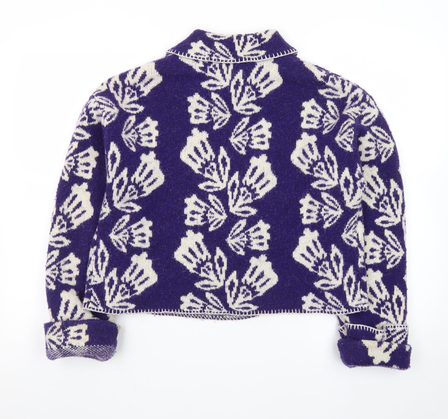 Zara Women Purple Floral Wool Blend Collared Cardigan M