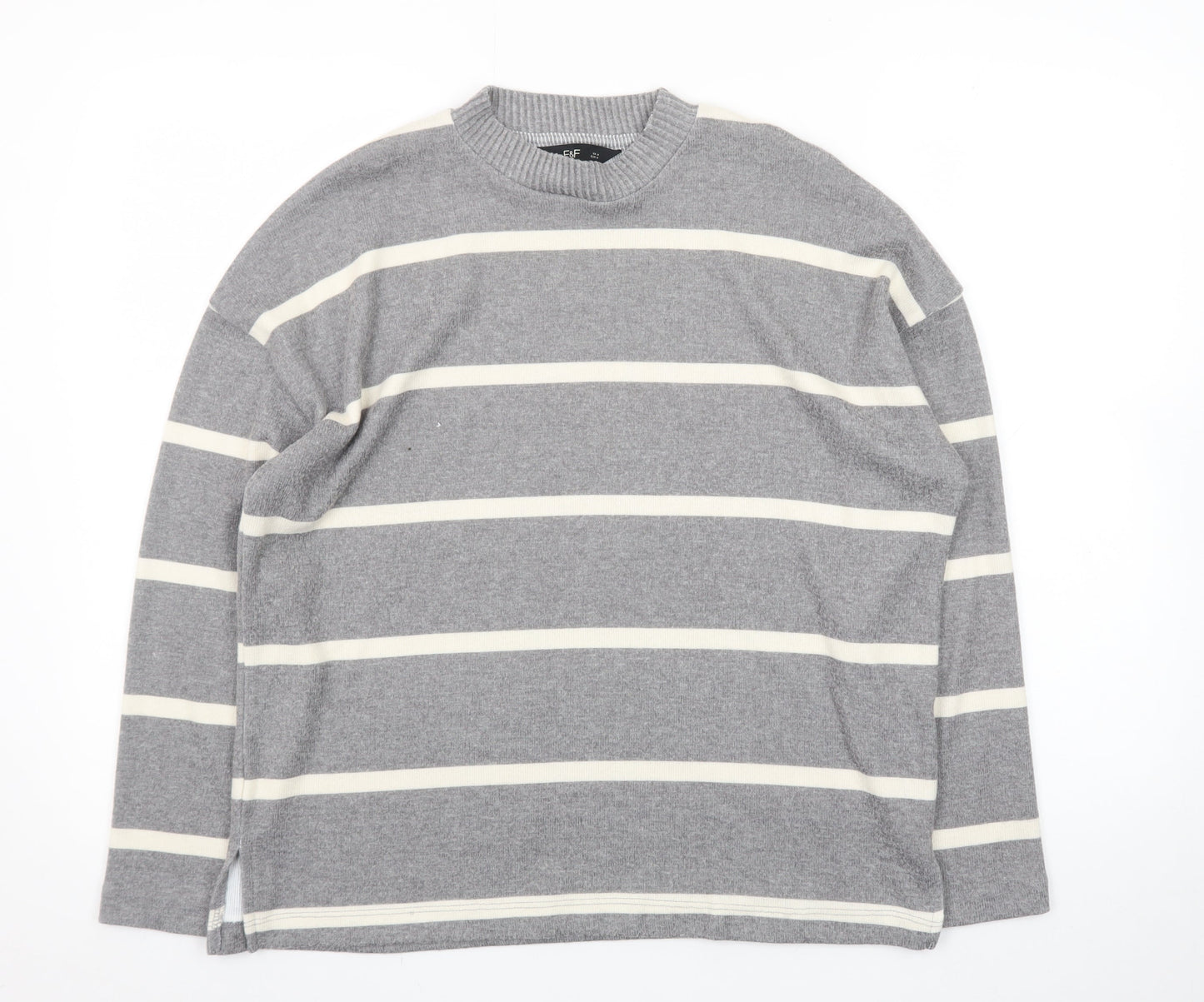 F&F Women’s Grey Striped Crew Neck Long Sleeve Pullover Jumper Size M
