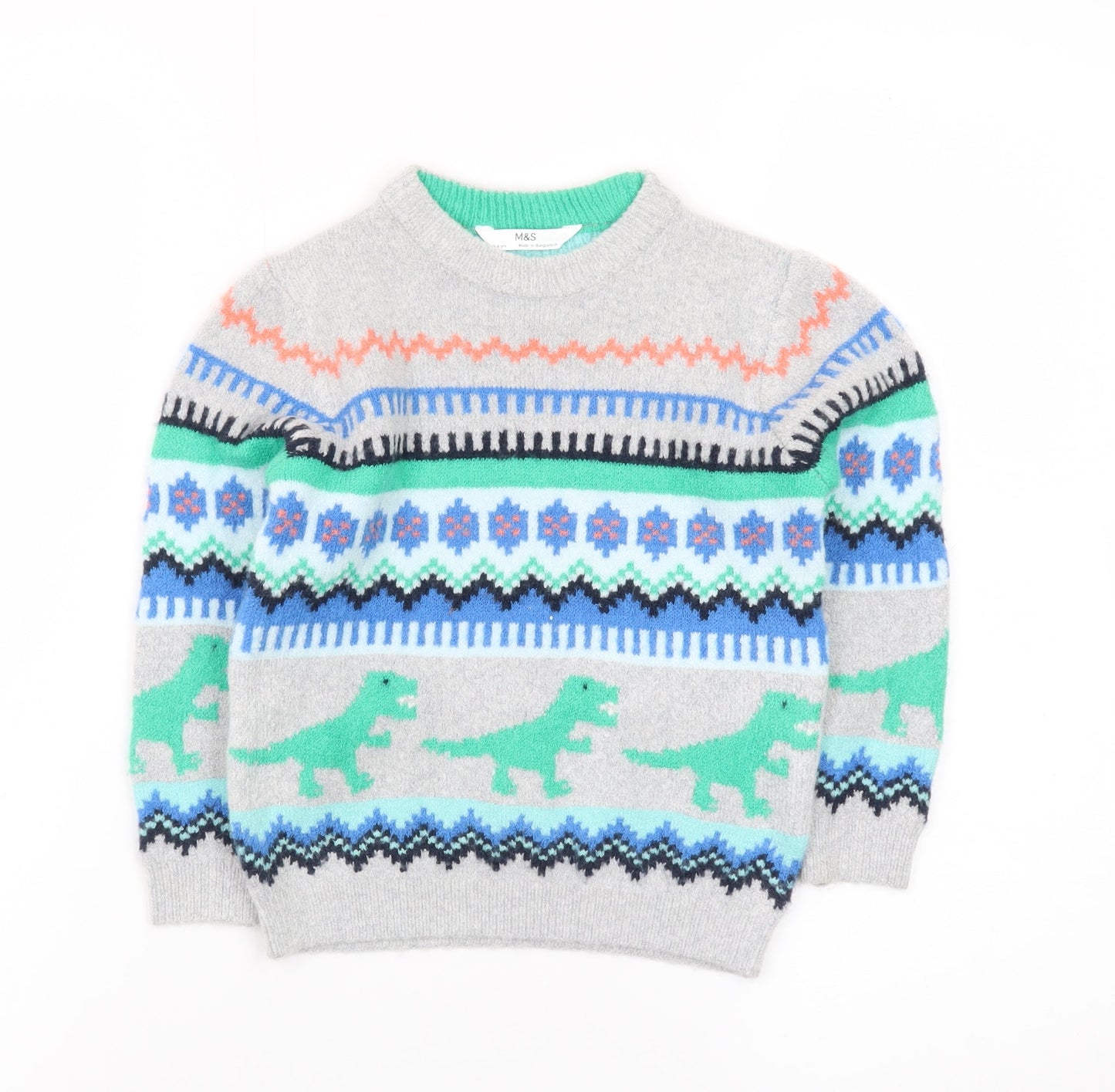 Marks and Spencer Boys Grey Dinosaur Fair Isle Jumper 3-4 Years
