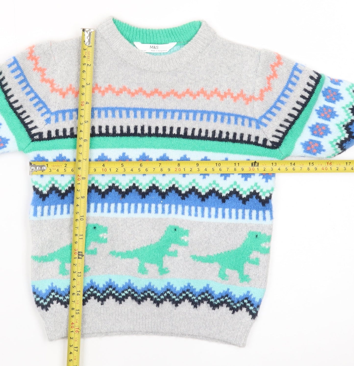Marks and Spencer Boys Grey Dinosaur Fair Isle Jumper 3-4 Years