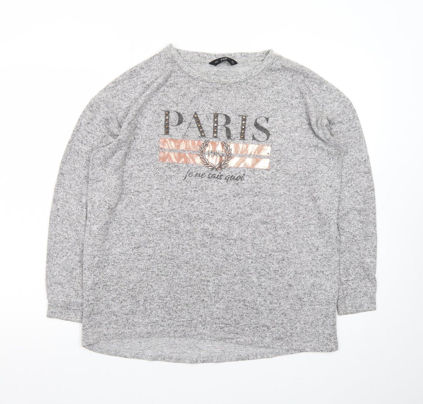 F&F Women’s Grey Long Sleeve Paris Studded T-Shirt Size 10