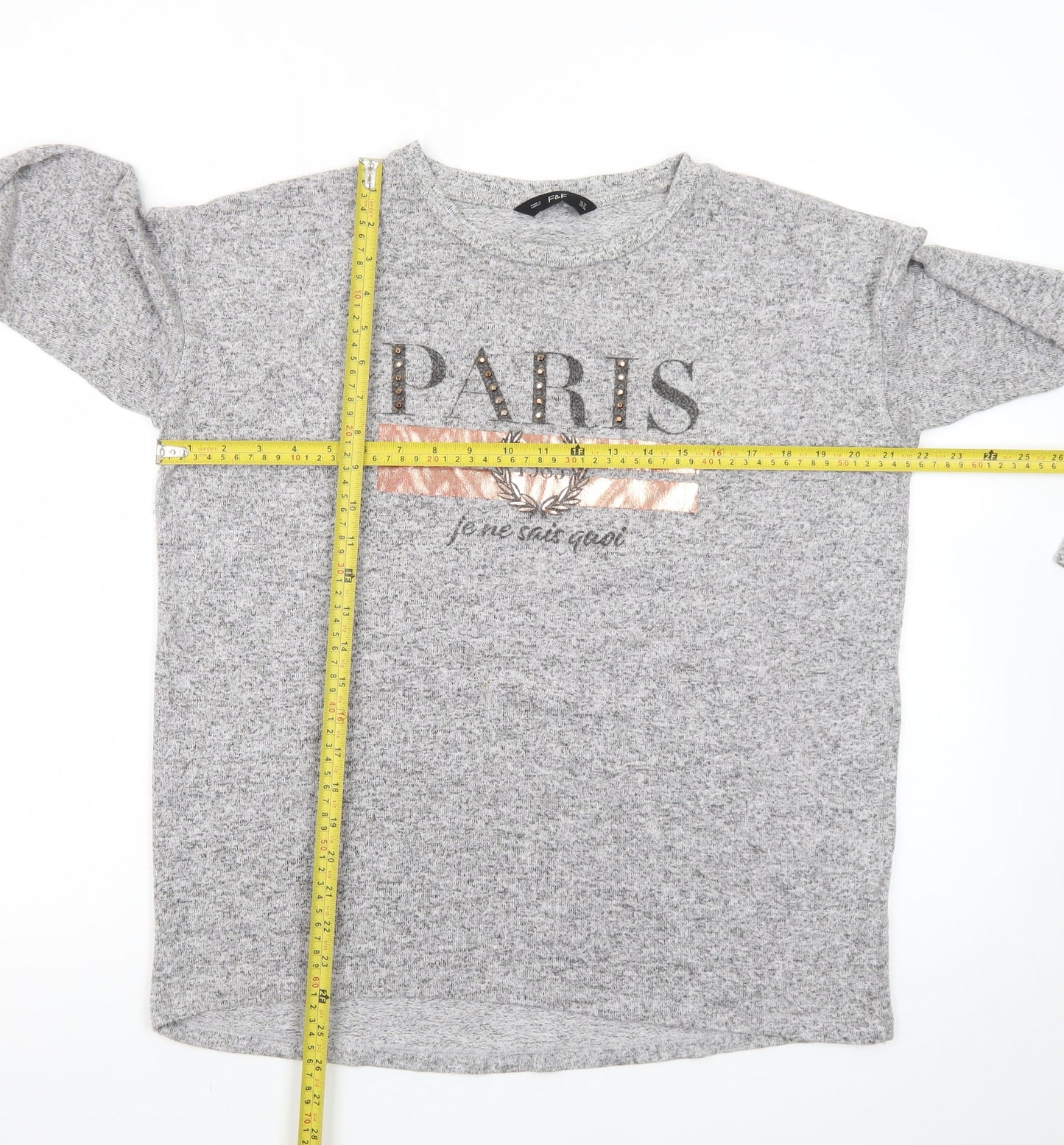 F&F Women’s Grey Long Sleeve Paris Studded T-Shirt Size 10