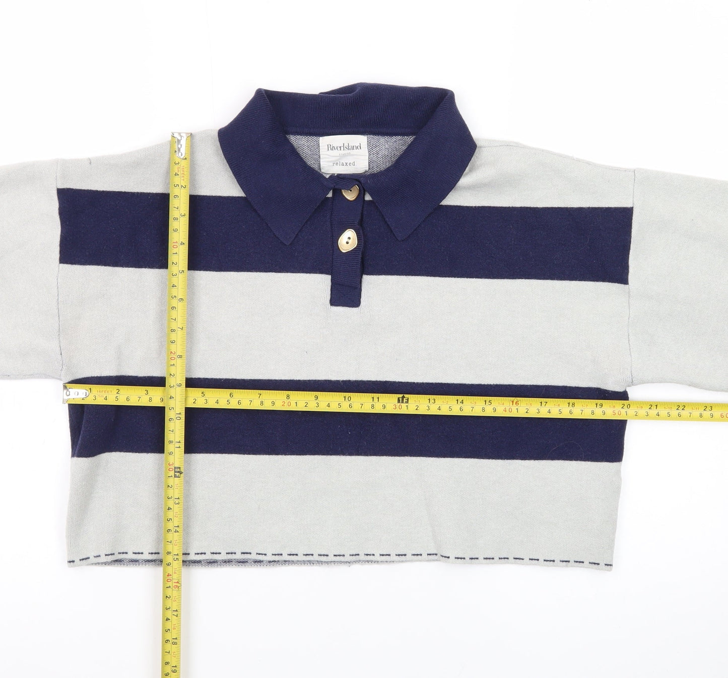River Island Women Blue Striped Collared Relaxed Fit Jumper M
