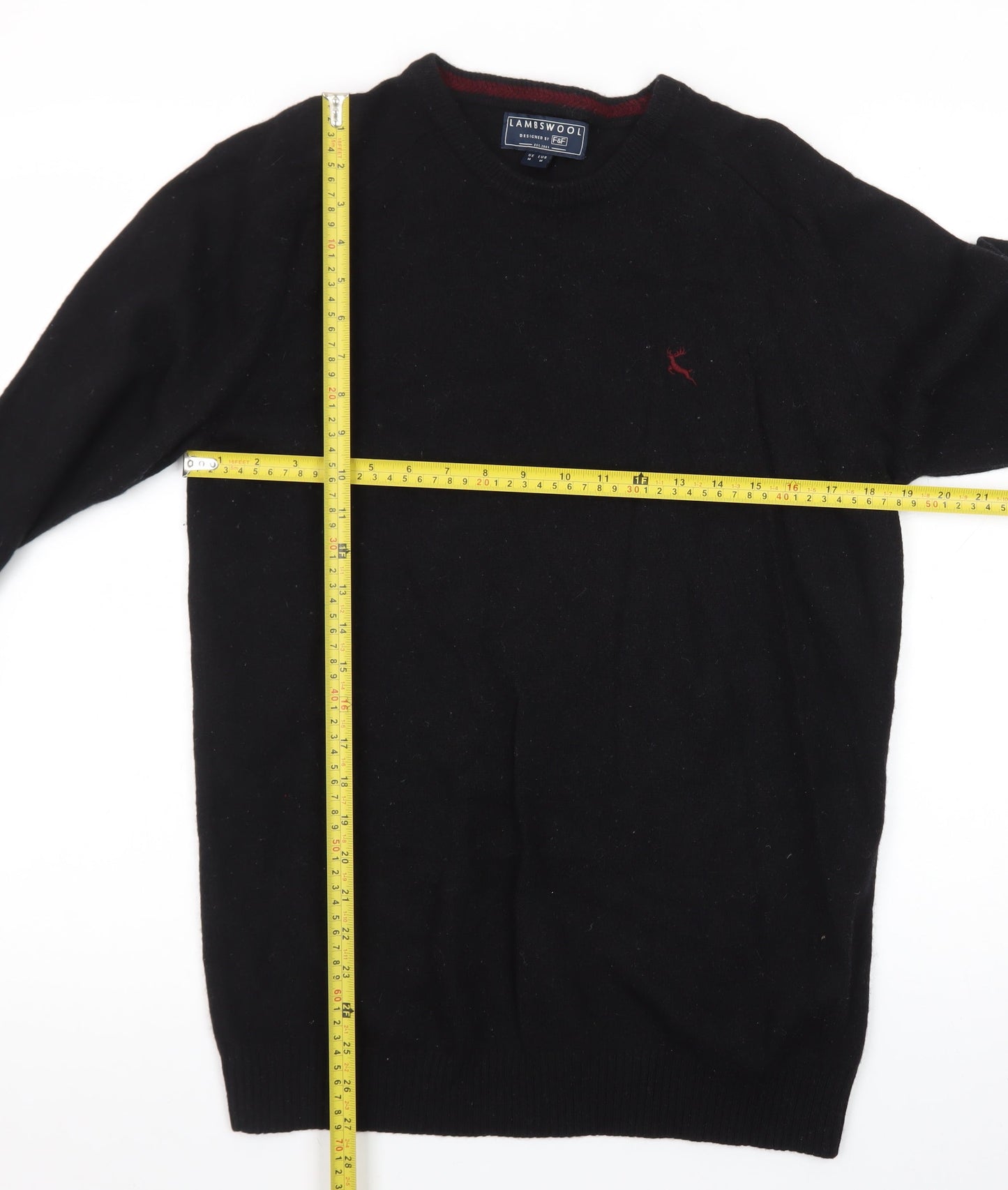 F&F Men’s Black Lambswool Crew Neck Jumper Size M Classic Knit