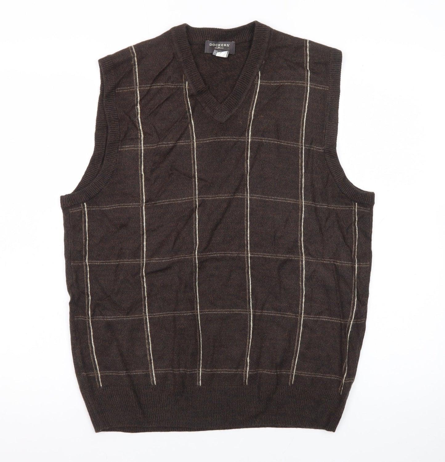 Dockers Men's Brown Check V-Neck Sleeveless Knit Jumper Vest M