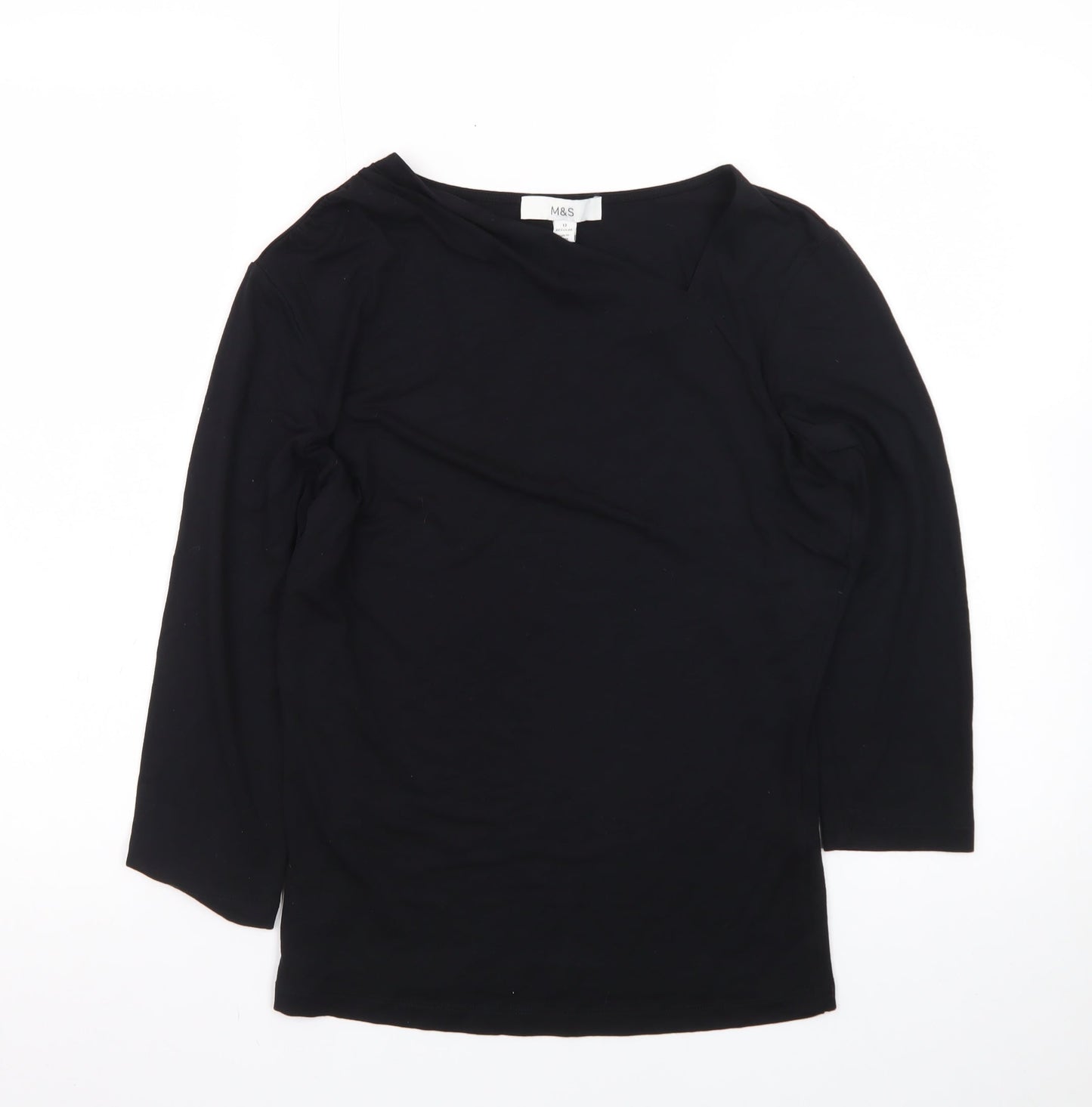 Marks and Spencer Women’s Black Size 12 Boat Neck 3/4 Sleeve Cotton Top