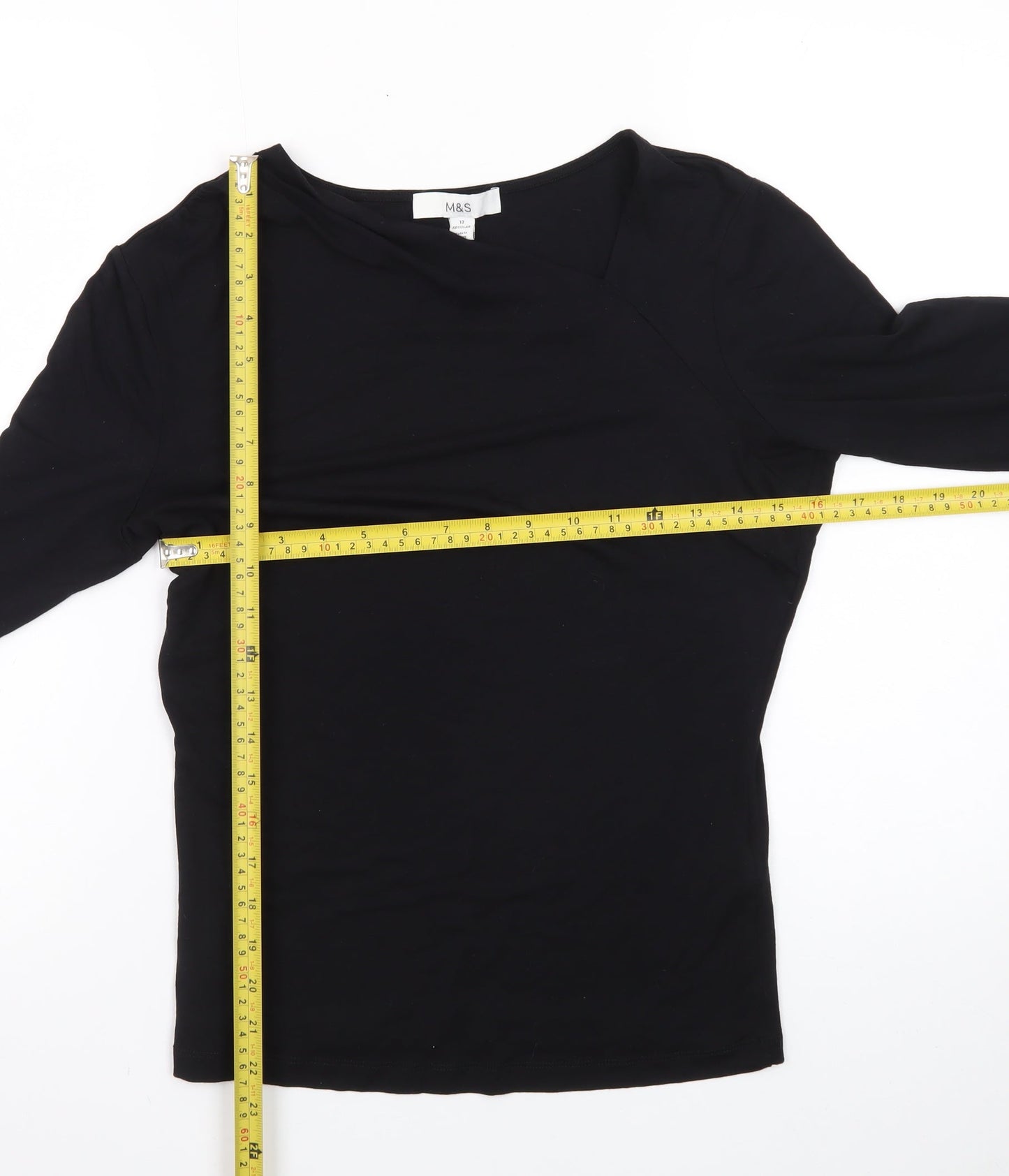 Marks and Spencer Women’s Black Size 12 Boat Neck 3/4 Sleeve Cotton Top