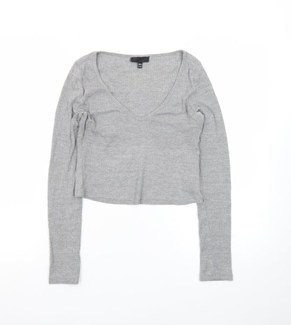 Topshop Women’s Grey Ribbed Cropped Long Sleeve V-Neck Top Size 8