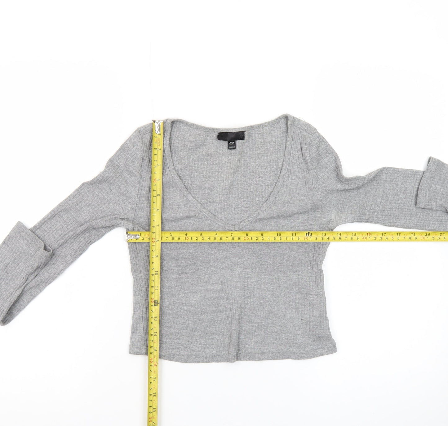 Topshop Women’s Grey Ribbed Cropped Long Sleeve V-Neck Top Size 8