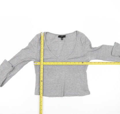 Topshop Women’s Grey Ribbed Cropped Long Sleeve V-Neck Top Size 8