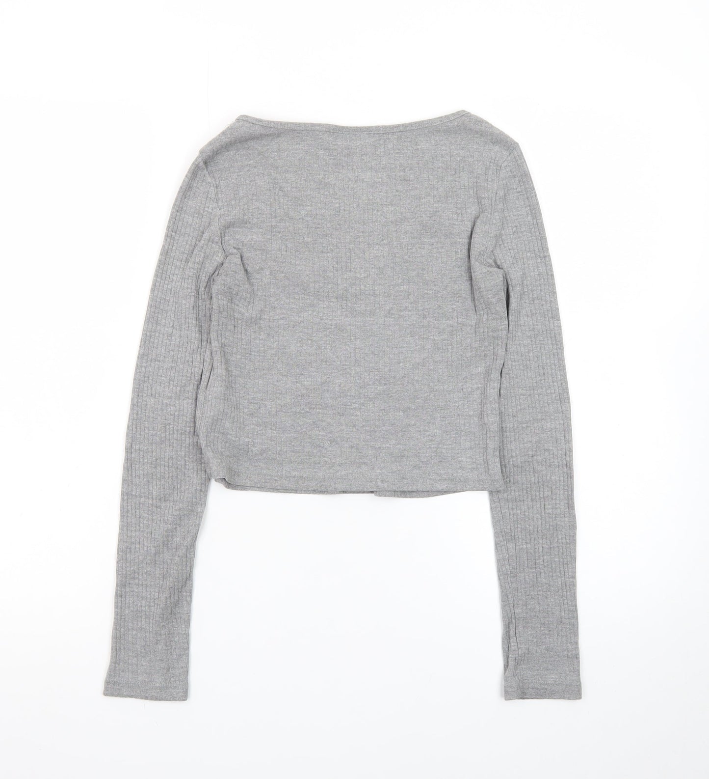 Topshop Women’s Grey Ribbed Cropped Long Sleeve V-Neck Top Size 8