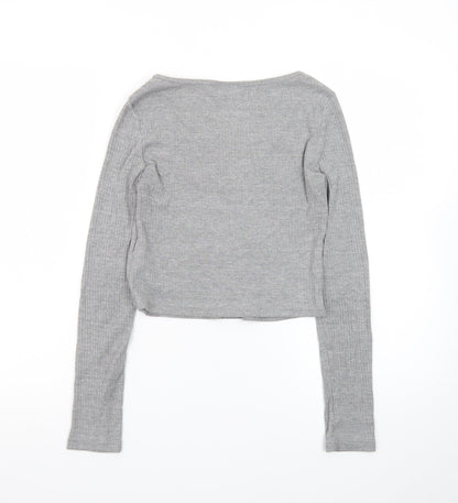 Topshop Women’s Grey Ribbed Cropped Long Sleeve V-Neck Top Size 8