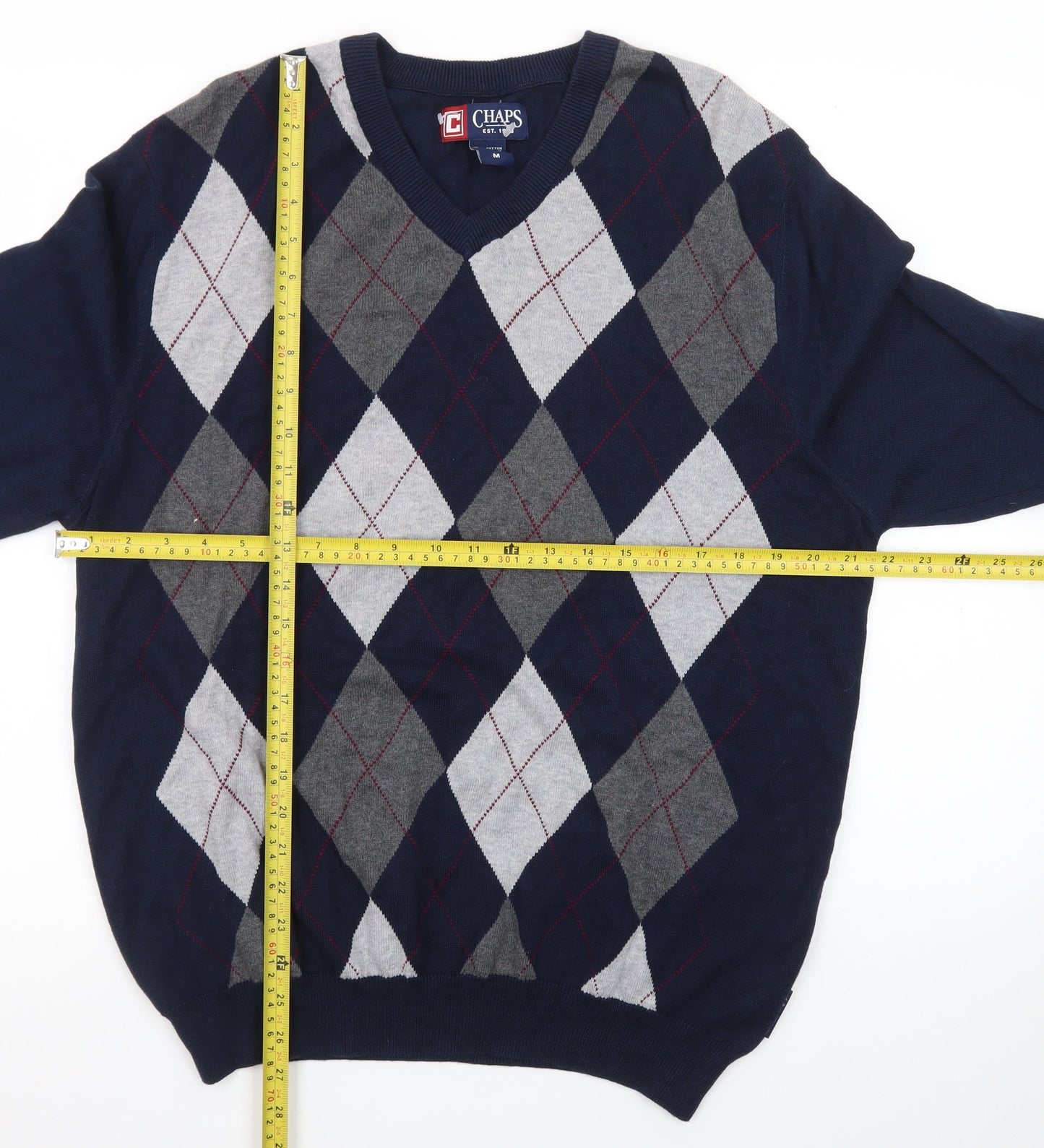 Chaps Men's Blue Argyle V-Neck Cotton Jumper Size M