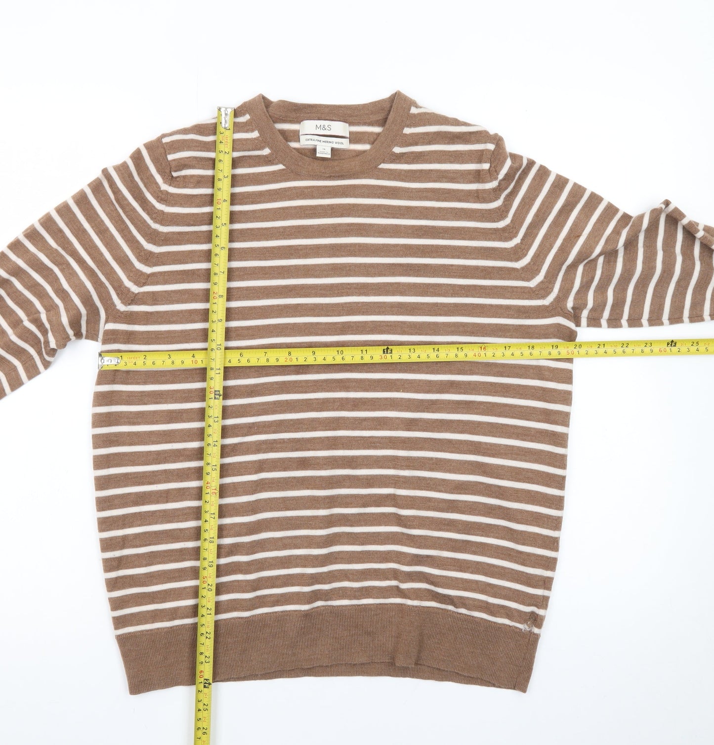 Marks and Spencer Women's Brown Striped Merino Wool Jumper Size 16