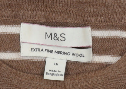 Marks and Spencer Women's Brown Striped Merino Wool Jumper Size 16