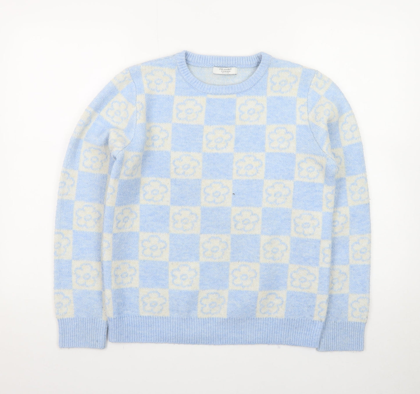 Primark Teens Blue Check Flower Knit Jumper XS Pullover