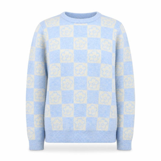 Front view of Primark Teens Blue Check Flower Knit Jumper XS Pullover