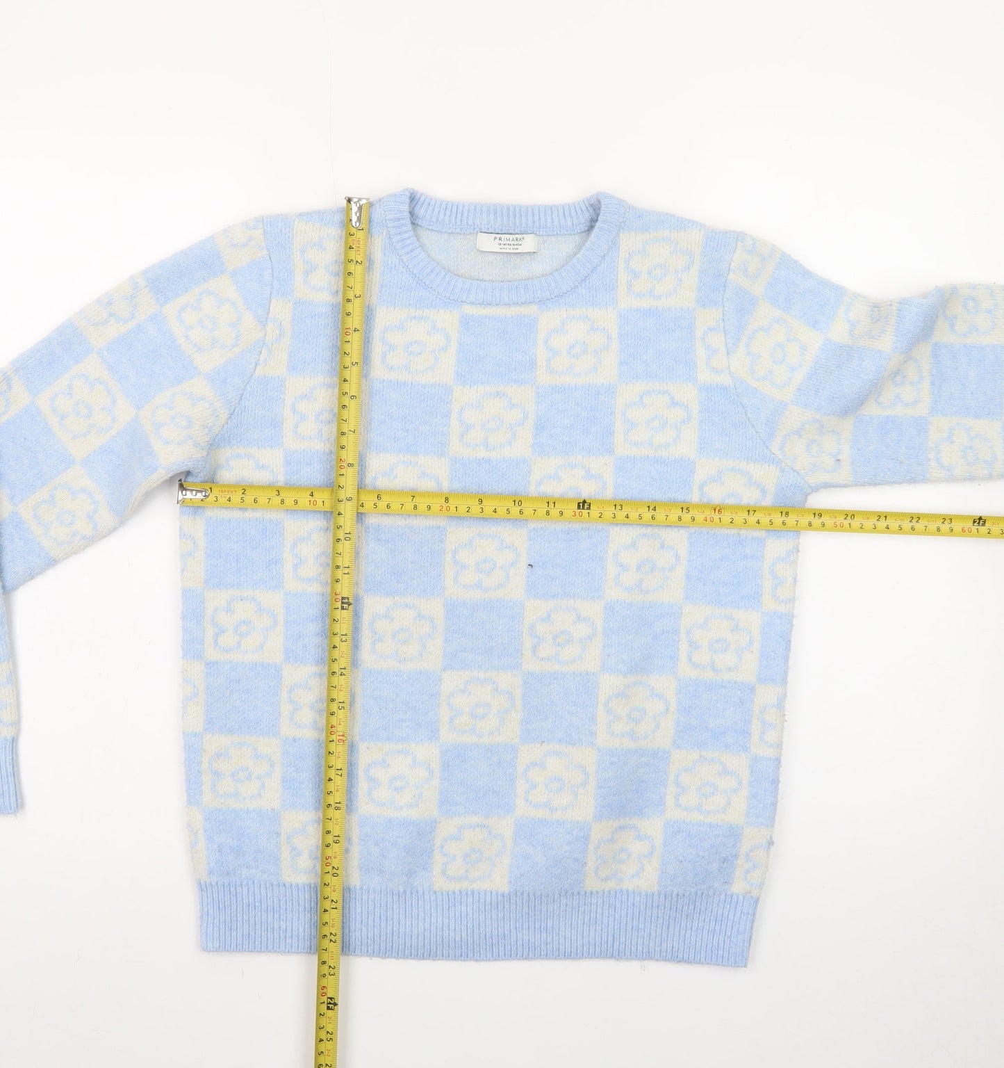 Primark Teens Blue Check Flower Knit Jumper XS Pullover