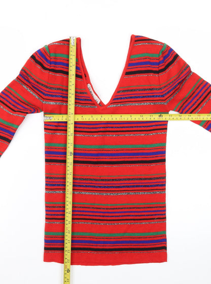 Overture Women Red Multicoloured Striped V-Neck Pullover Jumper S