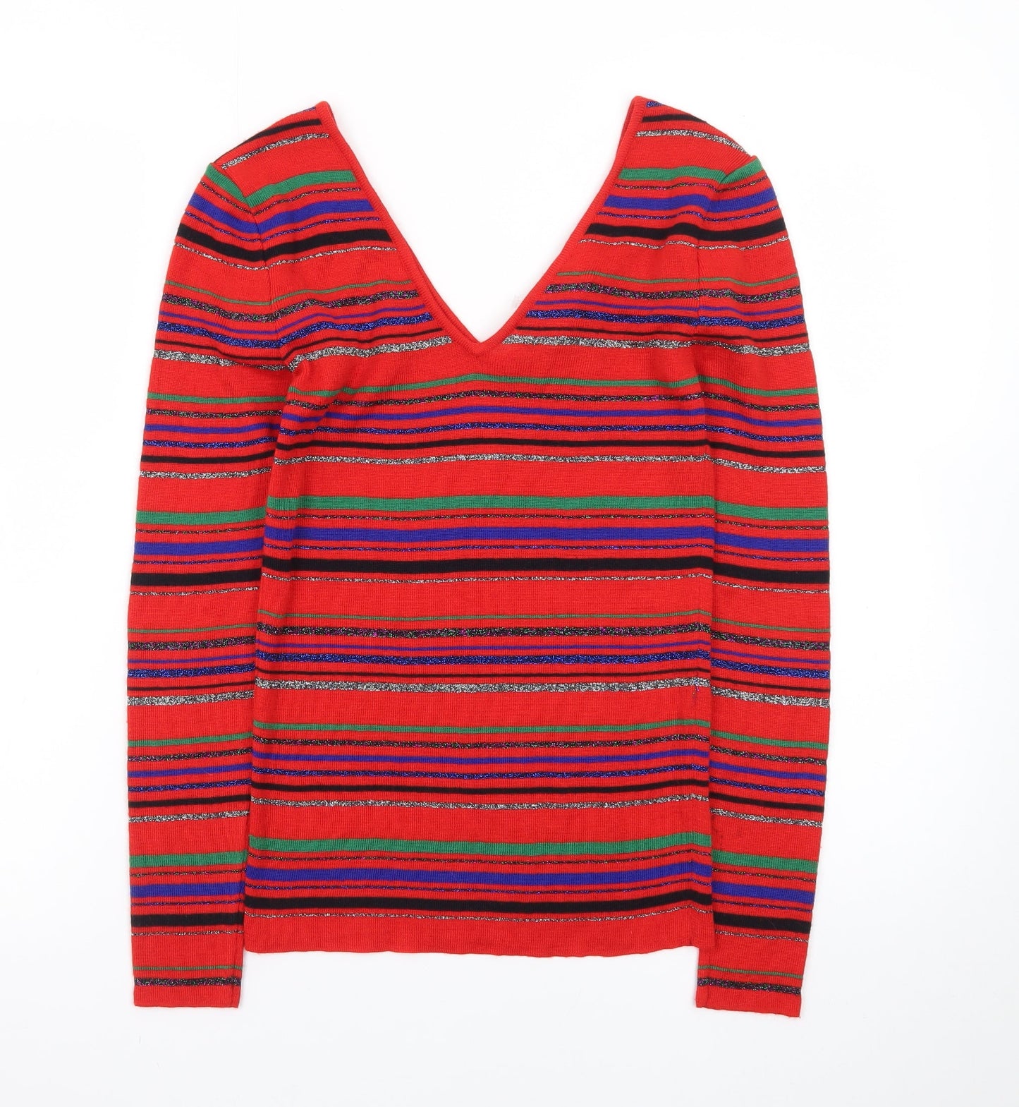 Overture Women Red Multicoloured Striped V-Neck Pullover Jumper S