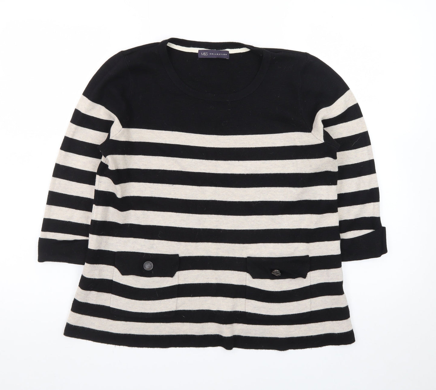 Marks and Spencer Women Black Beige Striped Jumper UK 14 3/4 Sleeve
