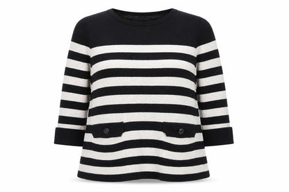 Marks & Spencer Women Black Beige Striped Jumper UK 14 3/4 Sleeve