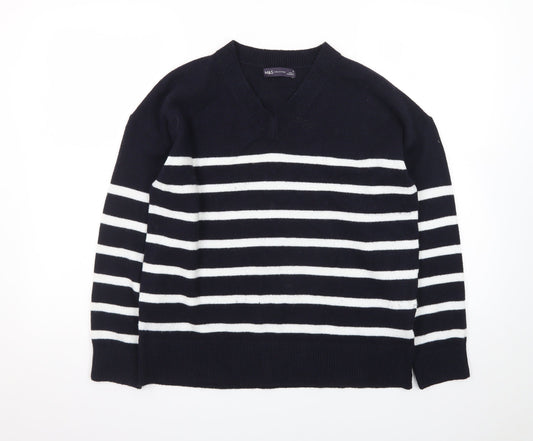 Marks and Spencer Women's Navy Stripe V-Neck Jumper Medium