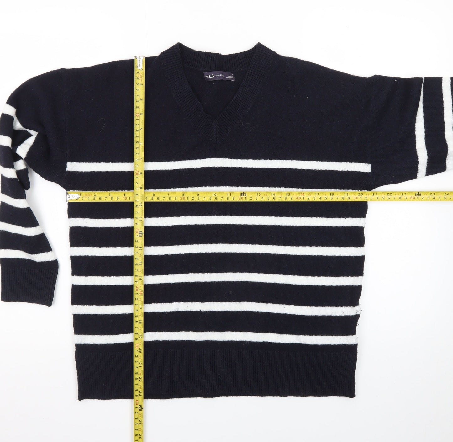 Marks and Spencer Women's Navy Stripe V-Neck Jumper Medium