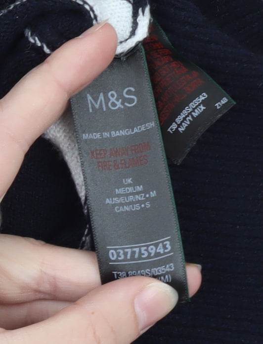 Marks and Spencer Women's Navy Stripe V-Neck Jumper Medium