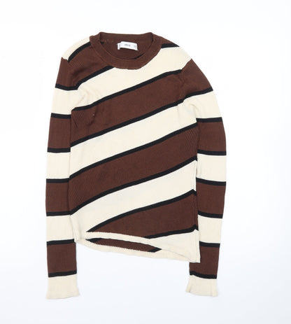 MNG Women Brown Striped Crew Neck Long Sleeve Pullover Jumper Size L