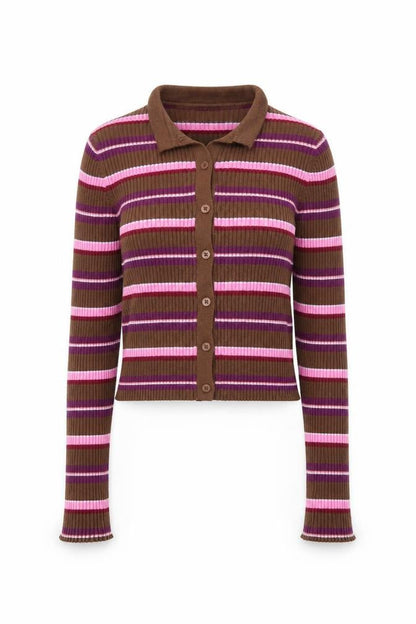 Pull&Bear Women's Brown Striped Collared Cardigan XS Slim Fit Knitwear