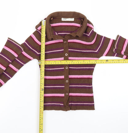 Pull&Bear Women's Brown Striped Collared Cardigan XS Slim Fit Knitwear
