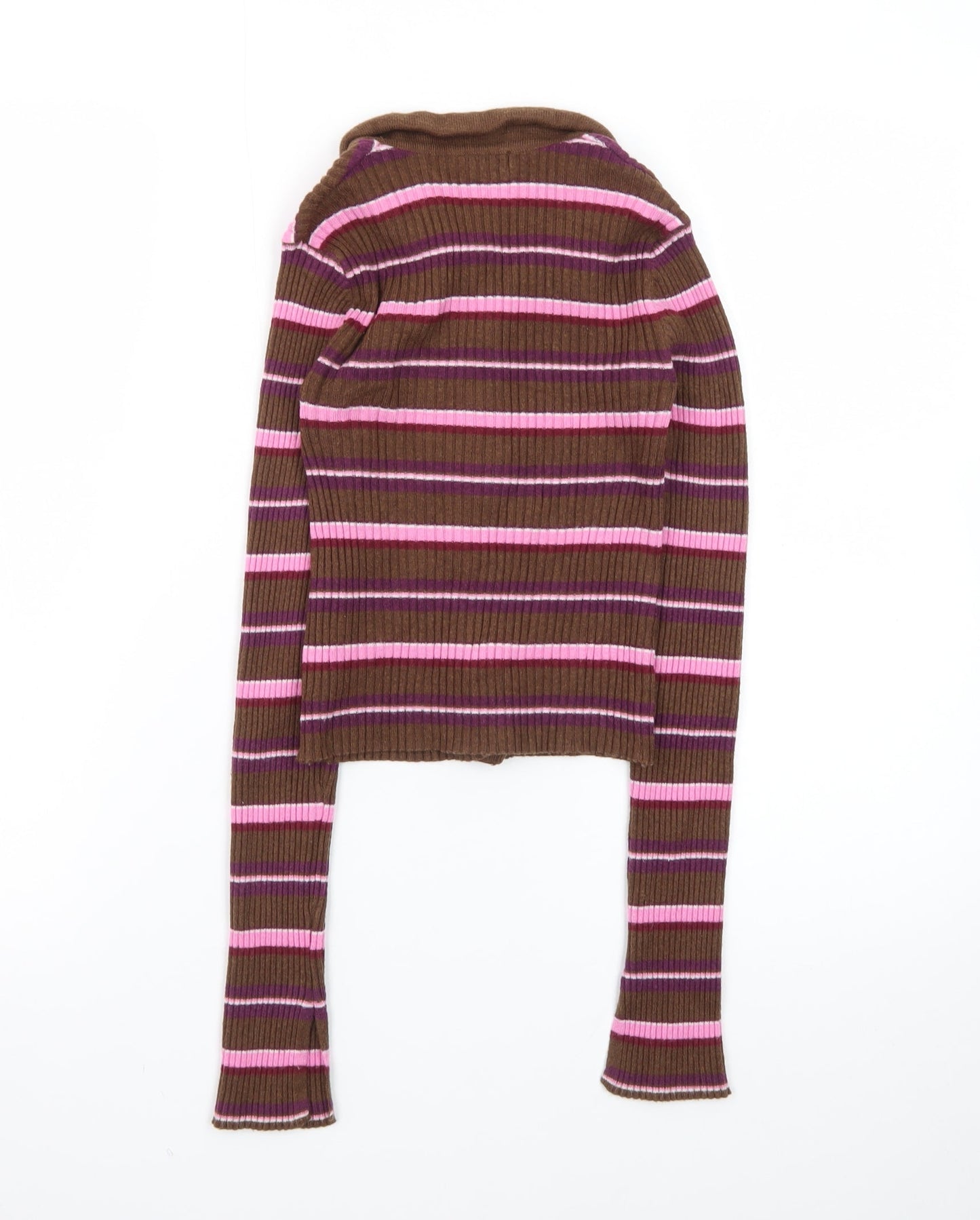 Pull&Bear Women's Brown Striped Collared Cardigan XS Slim Fit Knitwear