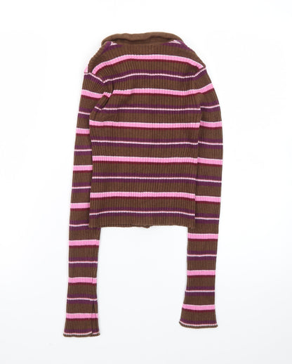 Pull&Bear Women's Brown Striped Collared Cardigan XS Slim Fit Knitwear