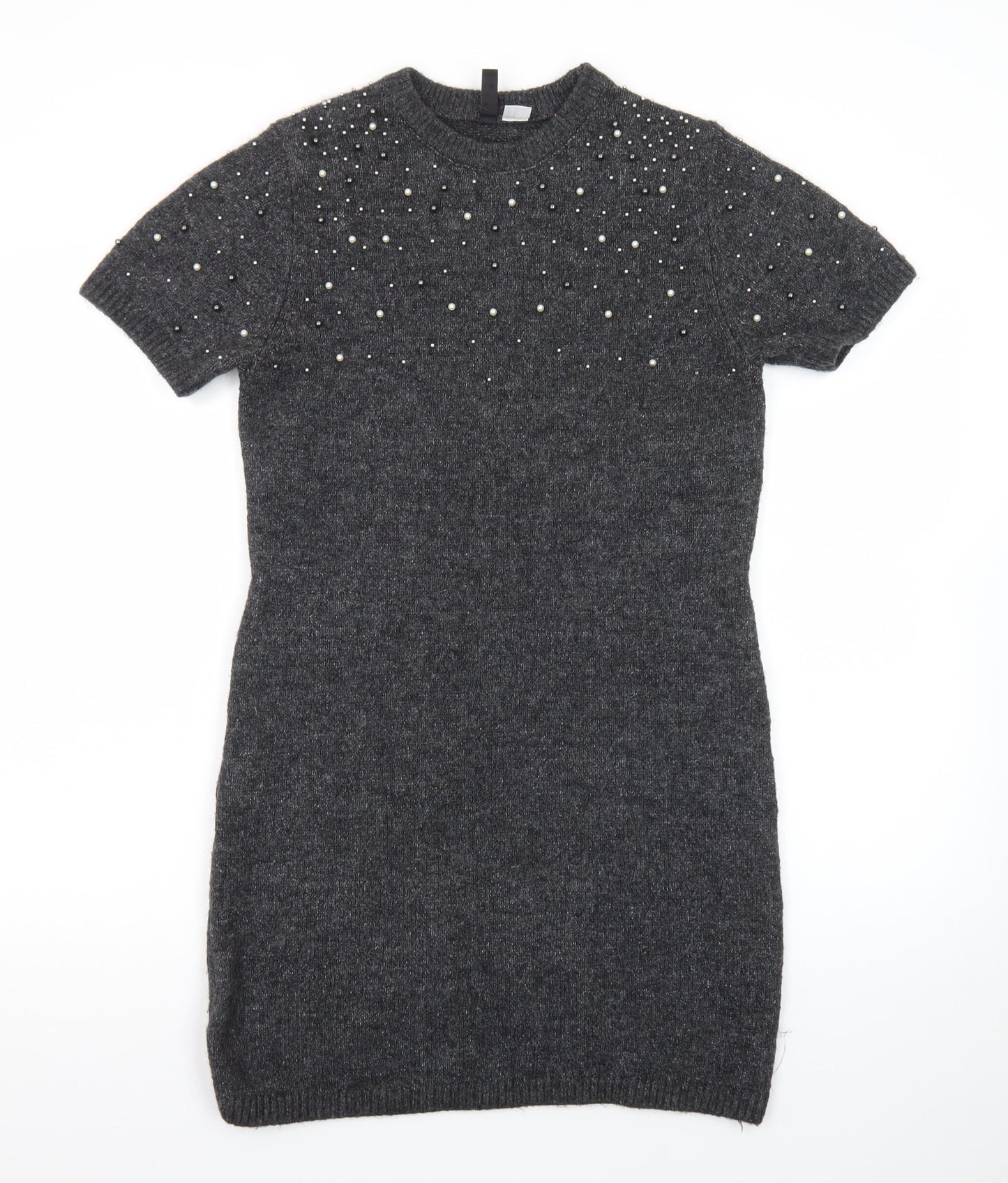 H&M Women Grey Beaded Short Sleeve Jumper Dress Size 8