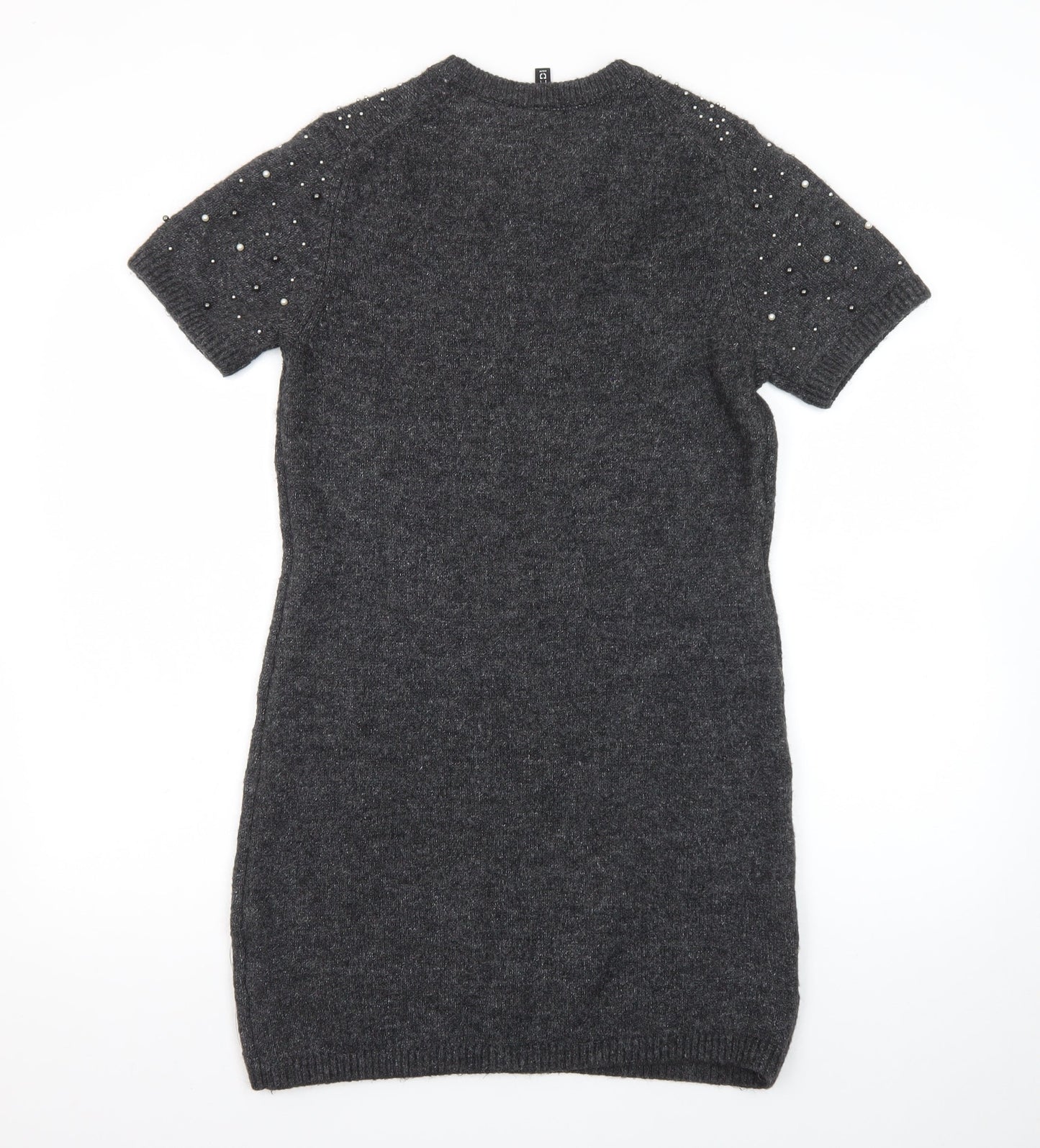 H&M Women Grey Beaded Short Sleeve Jumper Dress Size 8