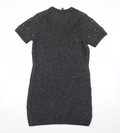 H&M Women Grey Beaded Short Sleeve Jumper Dress Size 8
