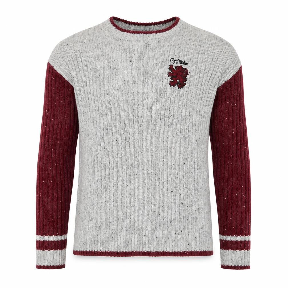 Front view of Harry Potter unisex grey gryffindor knit jumper, size S, crew neck