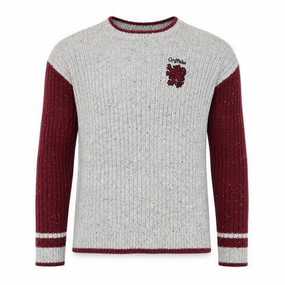 Front view of Harry Potter unisex grey gryffindor knit jumper, size S, crew neck